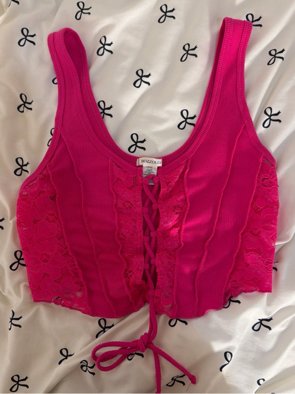 Bozzolo Fuchsia Lace-Trim Ribbed Lace-Up Crop Tank